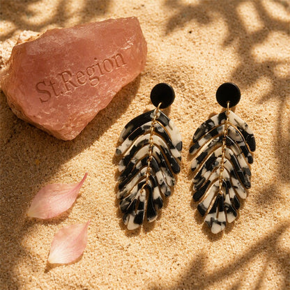Black and White Speckled Leaf Drop Earrings, drop earrings for women, dainty minimalist design, detail close-up