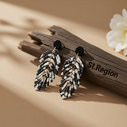 Black and White Speckled Leaf Drop Earrings, drop earrings for women, dainty minimalist design, front view