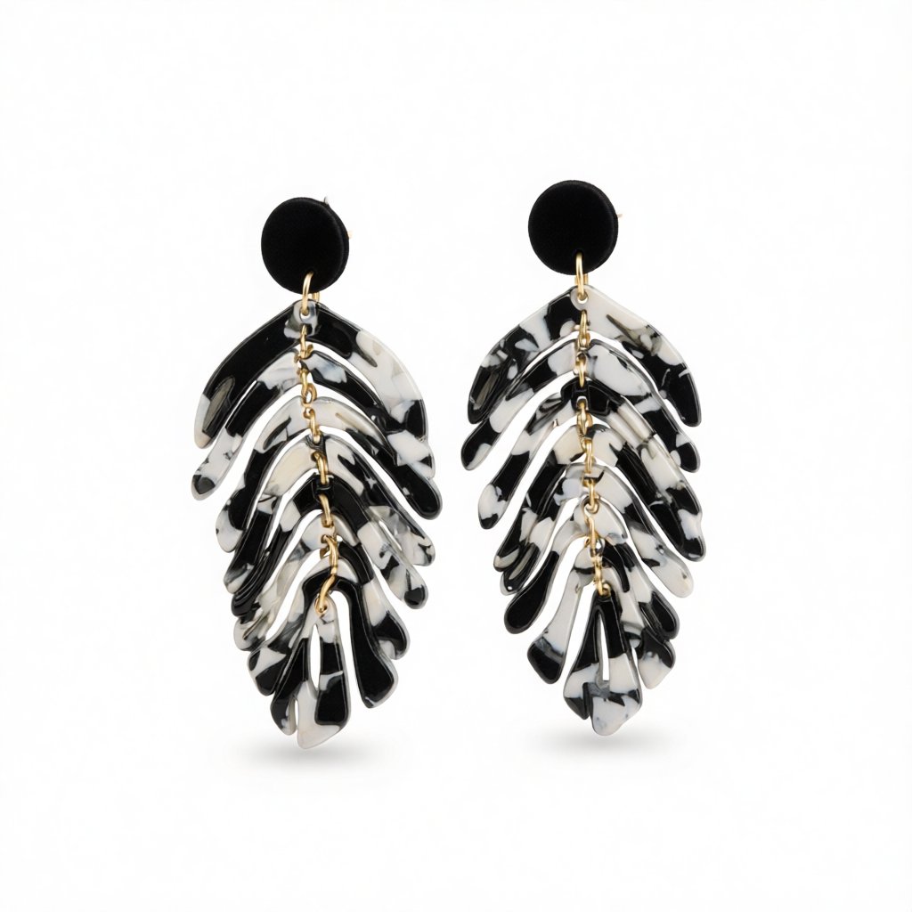 Black and White Speckled Leaf Drop Earrings, drop earrings for women, dainty minimalist design, side view