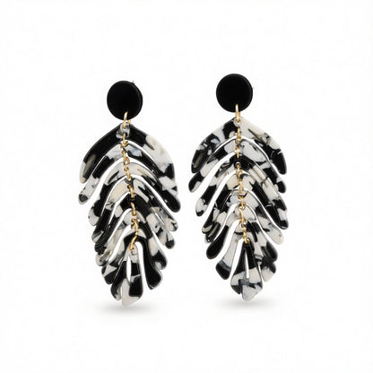 Black and White Speckled Leaf Drop Earrings, drop earrings for women, dainty minimalist design, side view