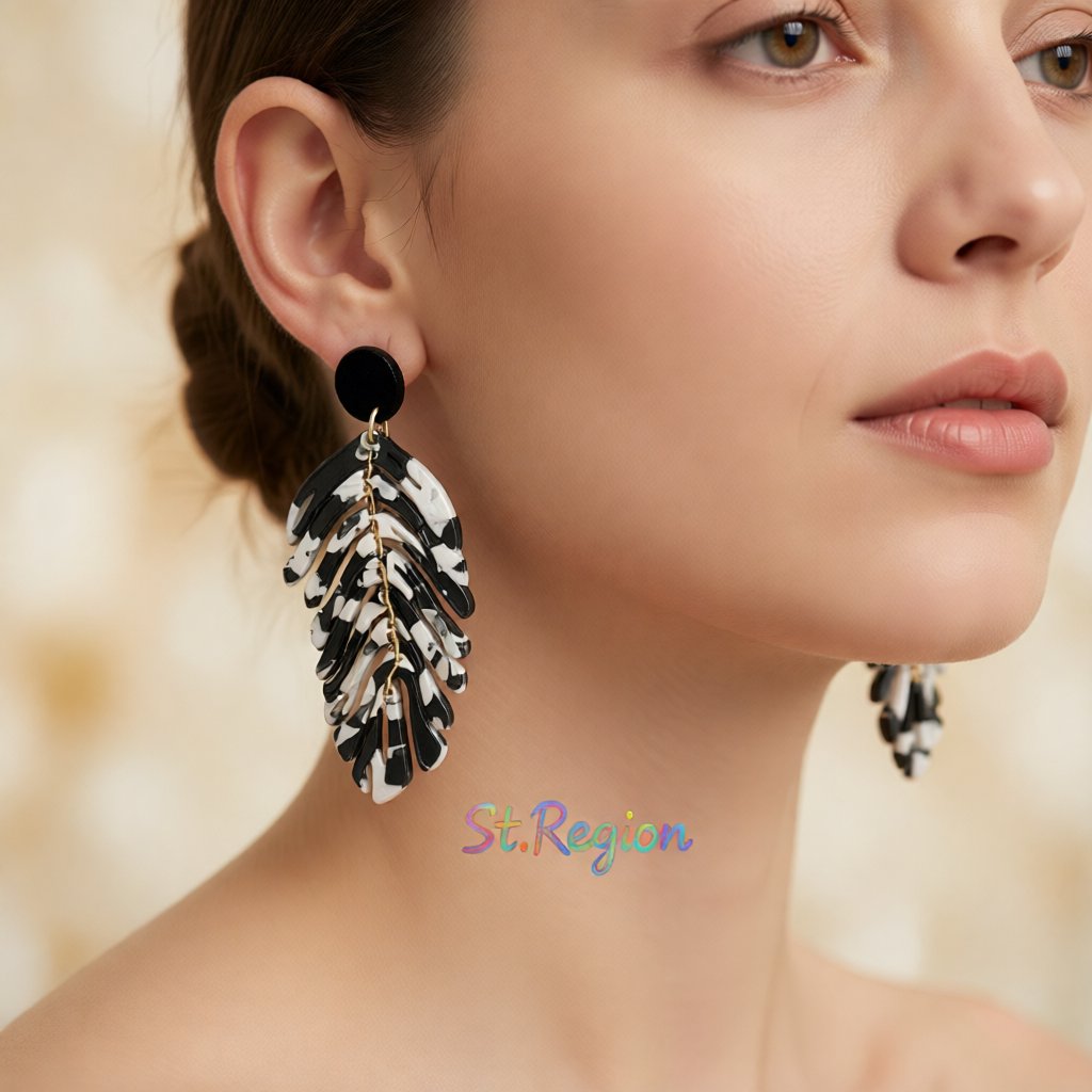 Black and White Speckled Leaf Drop Earrings, drop earrings for women, dainty minimalist design, styled look