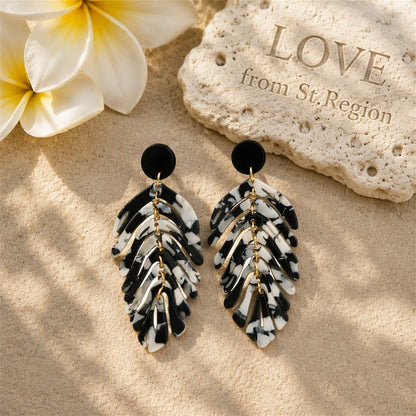 Black and White Speckled Leaf Drop Earrings, drop earrings for women, dainty minimalist design, lifestyle look
