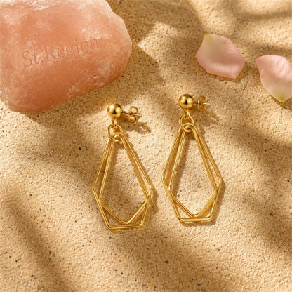 18K Gold-Plated Open Geometric Drop Earrings, gold drop earrings for women, everyday style, detail close-up