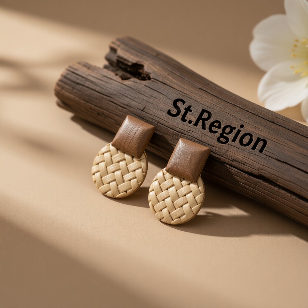 Beige Rattan and Wood Round Drop Earrings, drop earrings for women, vintage-inspired design, front view
