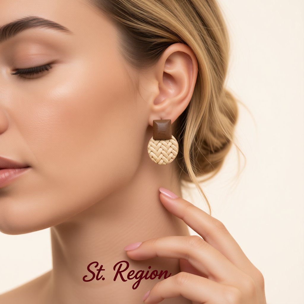 Beige Rattan and Wood Round Drop Earrings, drop earrings for women, vintage-inspired design, styled look