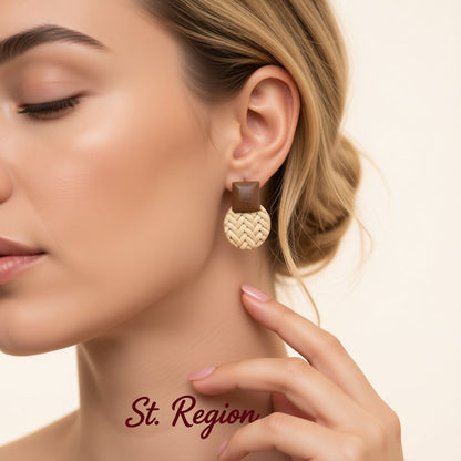 Beige Rattan and Wood Round Drop Earrings, drop earrings for women, vintage-inspired design, styled look