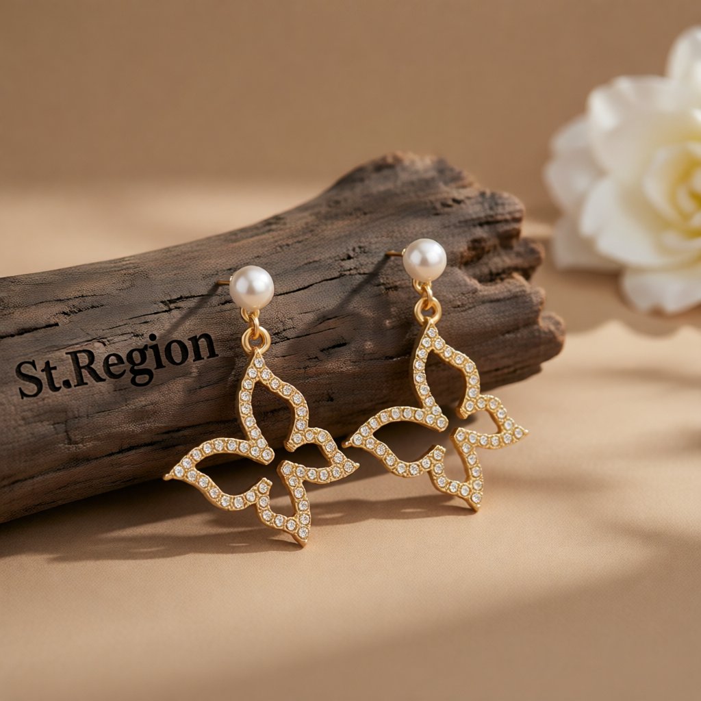 Cubic Zirconia and Pearl 18K Gold-Plated Open Butterfly Drop Earrings, gold drop earrings for women, front view