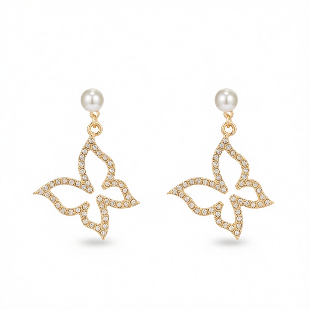 Cubic Zirconia and Pearl 18K Gold-Plated Open Butterfly Drop Earrings, gold drop earrings for women, side view