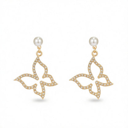 Cubic Zirconia and Pearl 18K Gold-Plated Open Butterfly Drop Earrings, gold drop earrings for women, side view