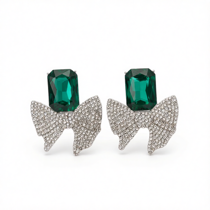 Green Crystal & Cubic Zirconia Silver-Plated Bow Drop Earrings