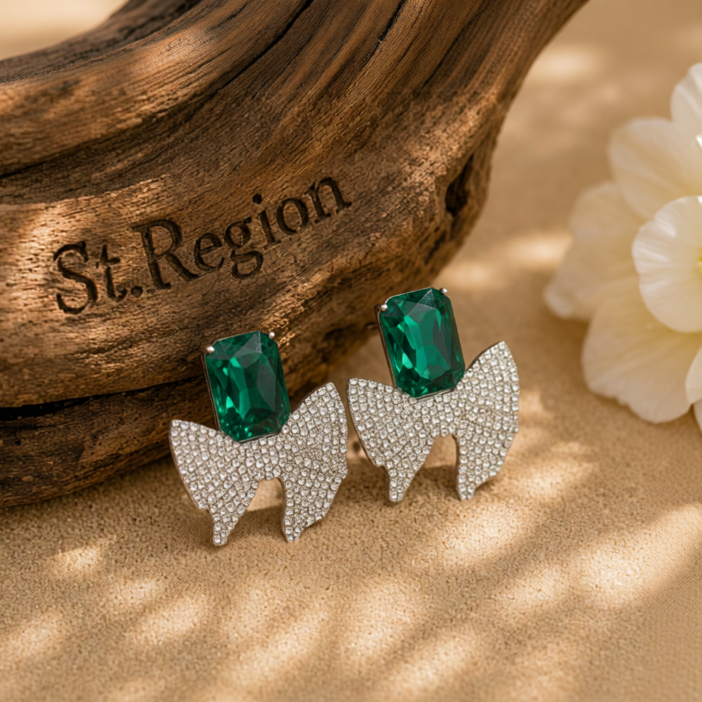 Green Crystal & Cubic Zirconia Silver-Plated Bow Drop Earrings