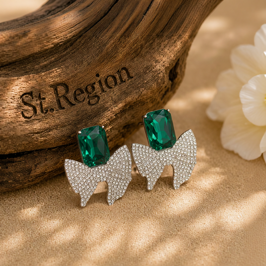 Green Crystal & Cubic Zirconia Silver-Plated Bow Drop Earrings