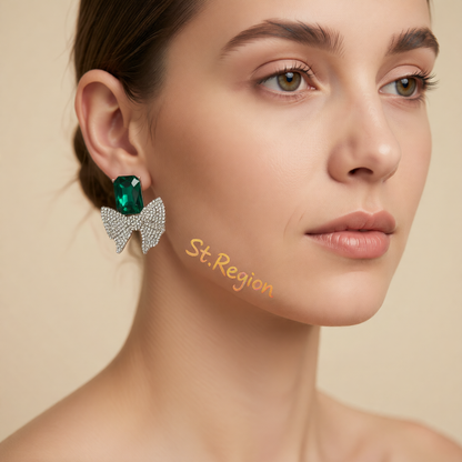 Green Crystal & Cubic Zirconia Silver-Plated Bow Drop Earrings