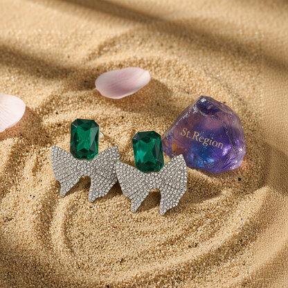 Green Crystal & Cubic Zirconia Silver-Plated Bow Drop Earrings