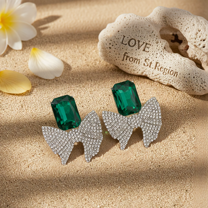 Green Crystal & Cubic Zirconia Silver-Plated Bow Drop Earrings