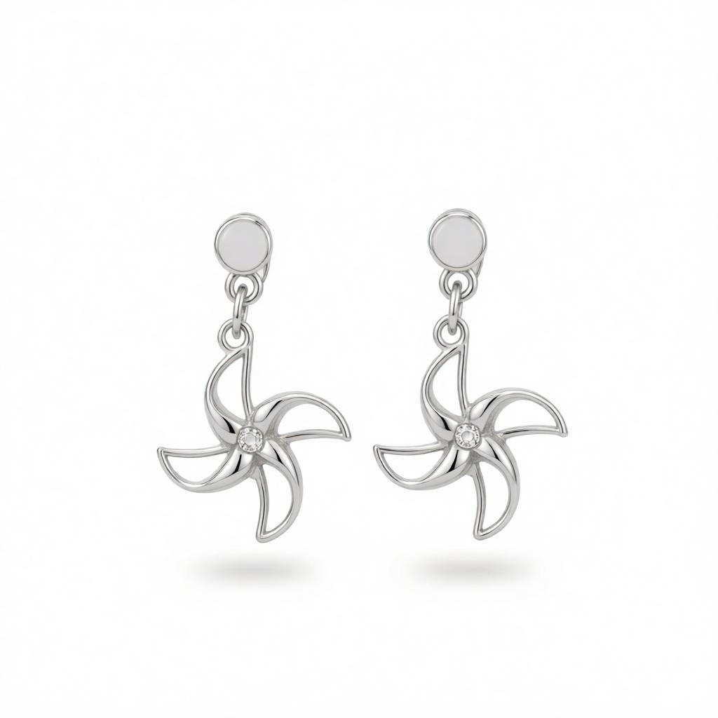 Cubic Zirconia and Silver-Plated Openwork Windmill Drop Earrings, silver drop earrings for women, everyday style, side view