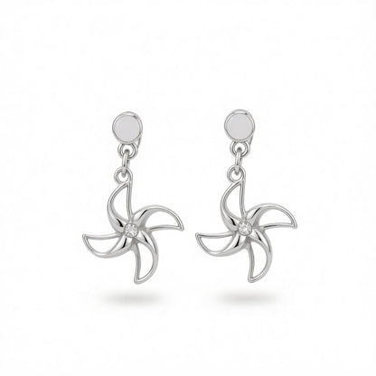 Cubic Zirconia and Silver-Plated Openwork Windmill Drop Earrings, silver drop earrings for women, everyday style, side view