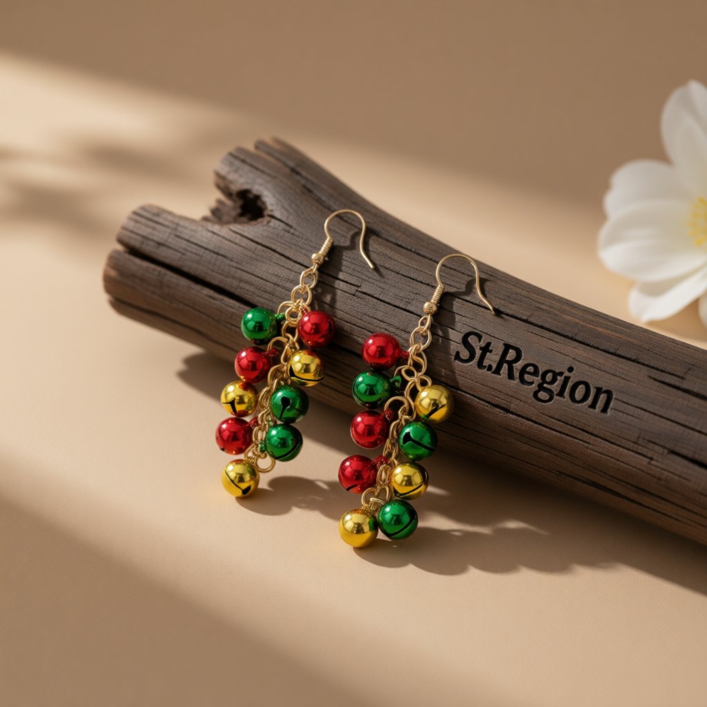 Green and Red Bell Cluster Drop Earrings, drop earrings for women, everyday style, front view