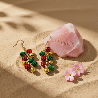Green and Red Bell Cluster Drop Earrings, drop earrings for women, everyday style, detail close-up