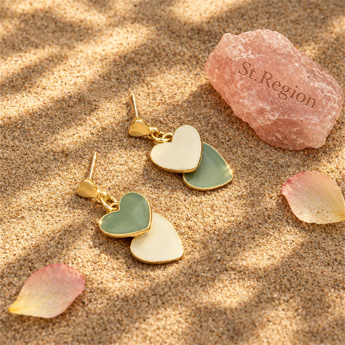 Green Enamel and 18K Gold-Plated Double Heart Drop Earrings, gold drop earrings for women, everyday style, detail close-up