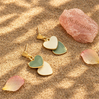 Green Enamel and 18K Gold-Plated Double Heart Drop Earrings, gold drop earrings for women, everyday style, detail close-up