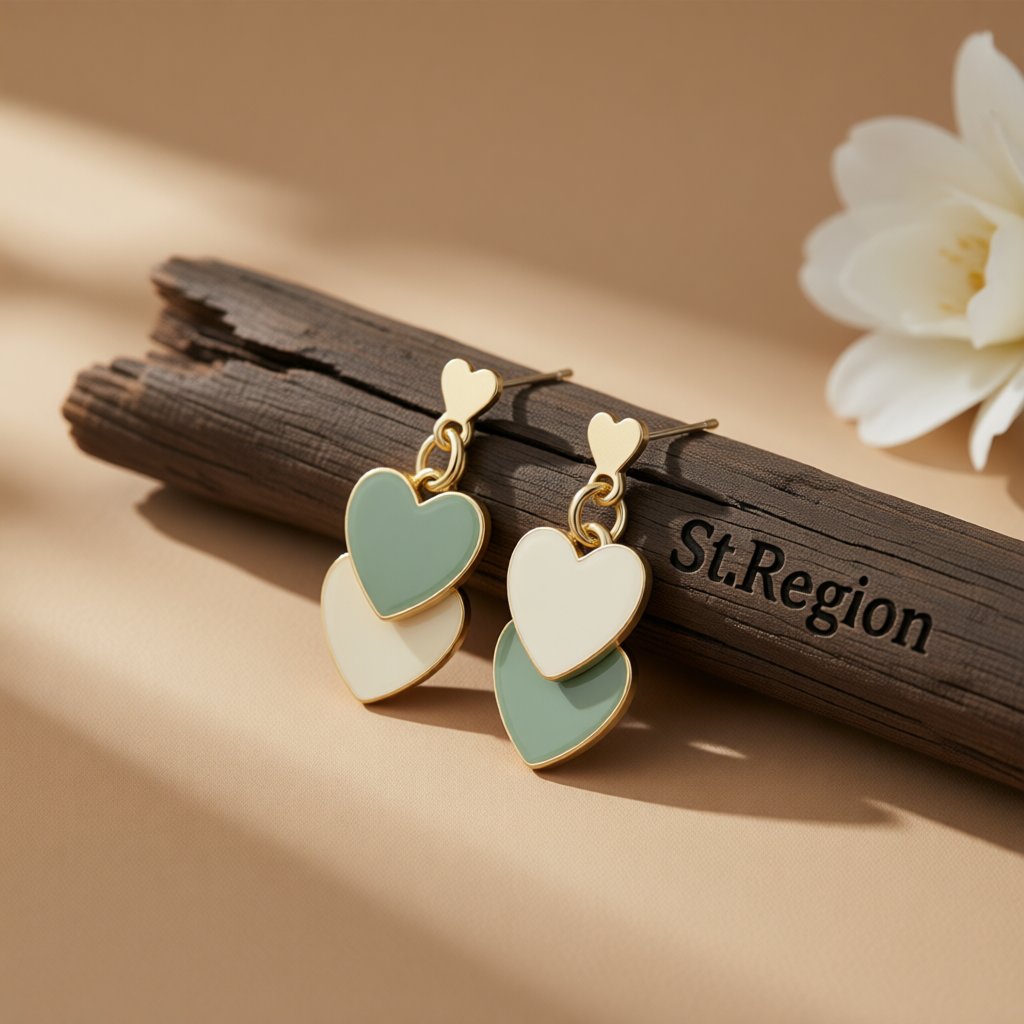Green Enamel and 18K Gold-Plated Double Heart Drop Earrings, gold drop earrings for women, everyday style, front view
