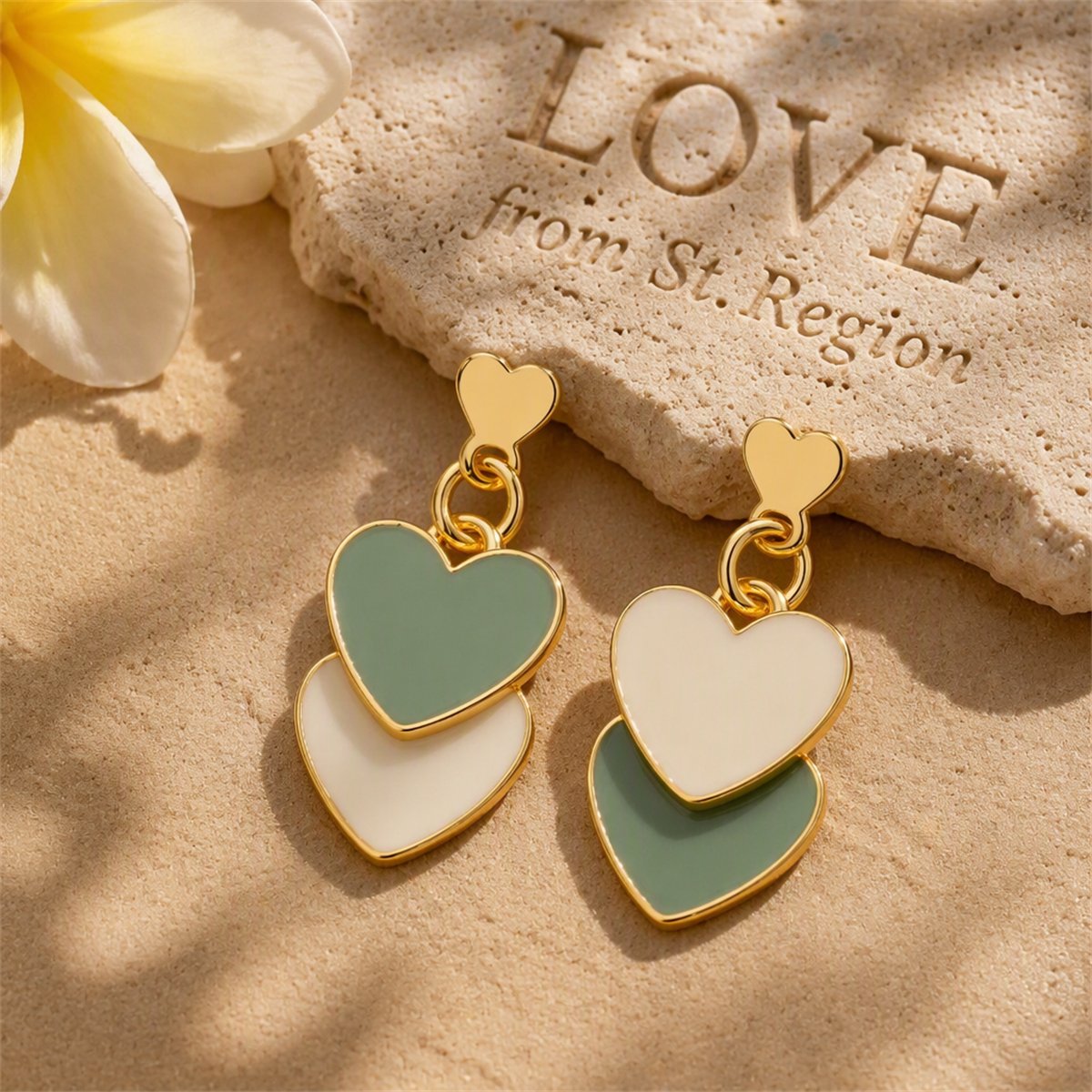 Green Enamel and 18K Gold-Plated Double Heart Drop Earrings, gold drop earrings for women, everyday style, lifestyle look
