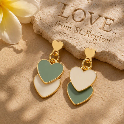 Green Enamel and 18K Gold-Plated Double Heart Drop Earrings, gold drop earrings for women, everyday style, lifestyle look