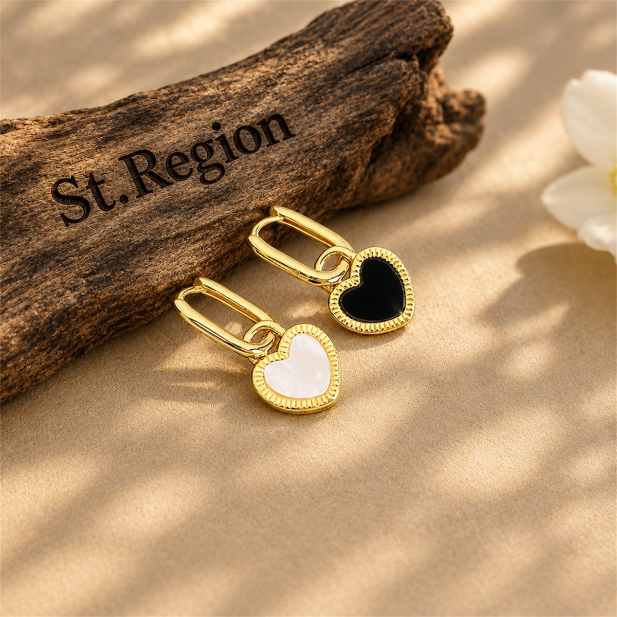 White and Black Heart Huggie Earrings, huggie earrings, botanical inspired, front view