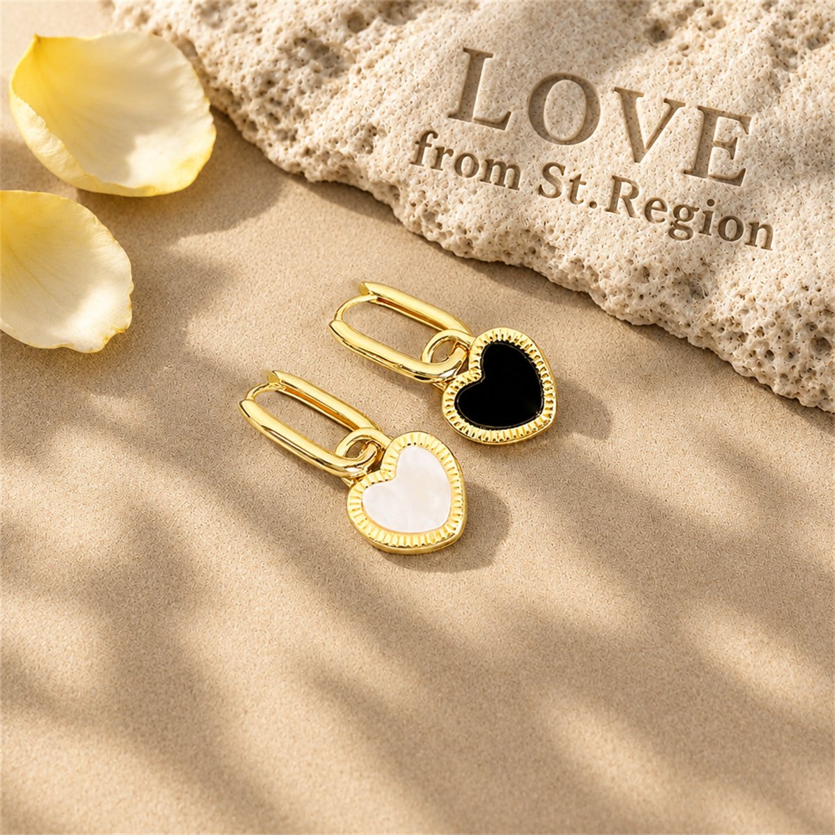 White and Black Heart Huggie Earrings, huggie earrings, botanical inspired, lifestyle look