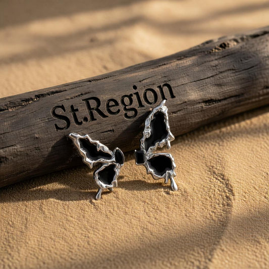 Black Crystal & Enamel Silver-Plated Butterfly Mismatched Stud Earrings