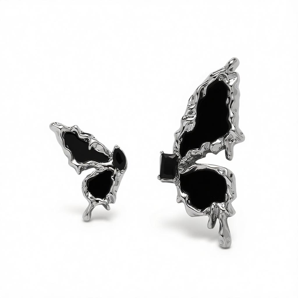Black Crystal and Enamel Silver-Plated Butterfly Mismatched Stud Earrings, cubic zirconia stud earrings for women, side view