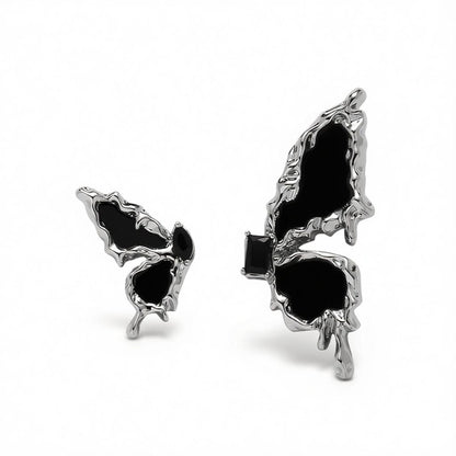 Black Crystal and Enamel Silver-Plated Butterfly Mismatched Stud Earrings, cubic zirconia stud earrings for women, side view