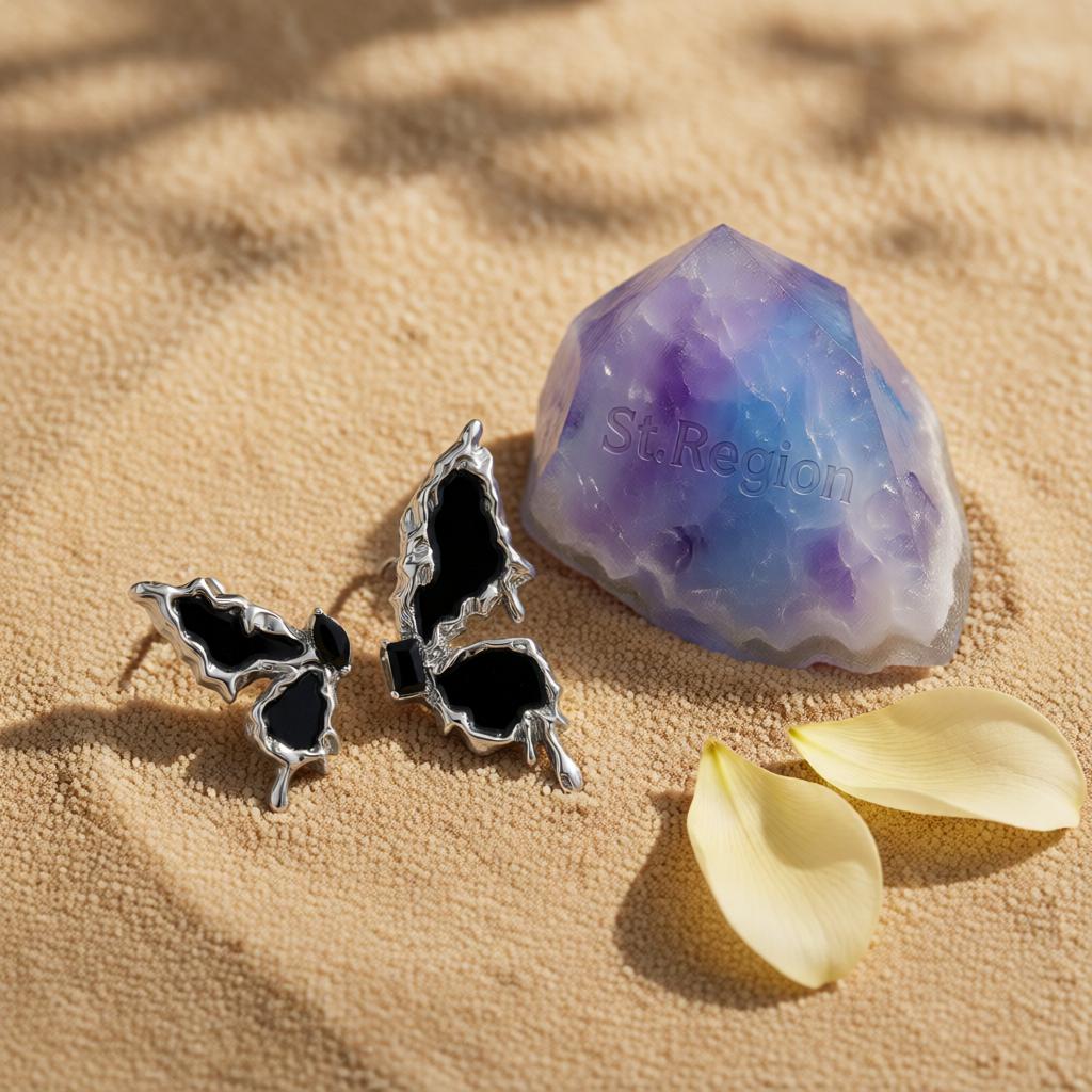 Black Crystal and Enamel Silver-Plated Butterfly Mismatched Stud Earrings, cubic zirconia stud earrings for women, detail...
