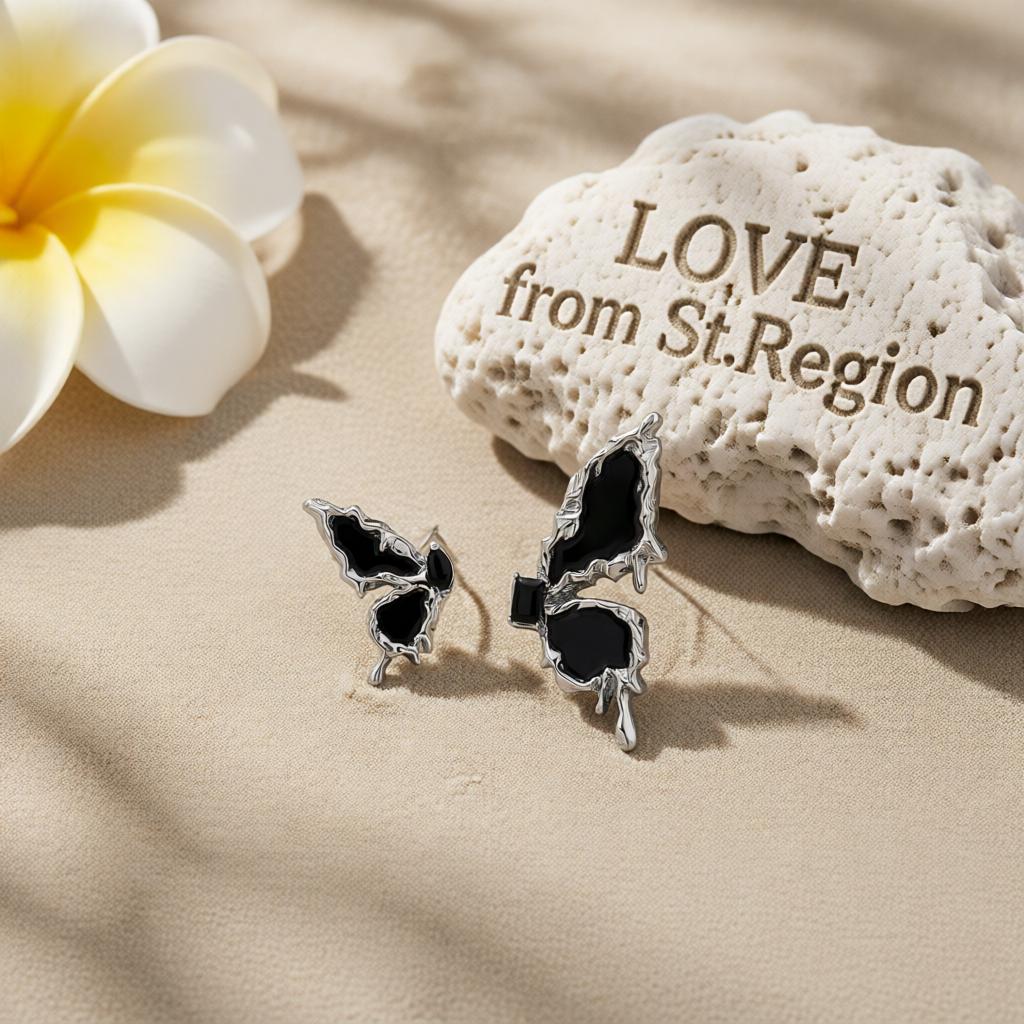 Black Crystal and Enamel Silver-Plated Butterfly Mismatched Stud Earrings, cubic zirconia stud earrings for women, lifesty...