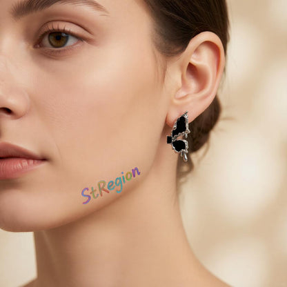 Black Crystal and Enamel Silver-Plated Butterfly Mismatched Stud Earrings, cubic zirconia stud earrings for women, styled...