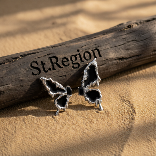 Black Crystal & Enamel Silver-Plated Butterfly Mismatched Stud Earrings