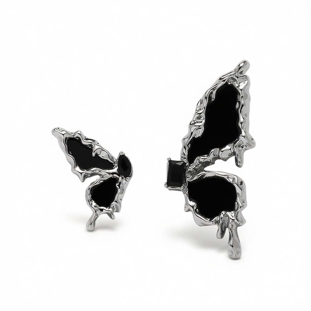 Black Crystal & Enamel Silver-Plated Butterfly Mismatched Stud Earrings