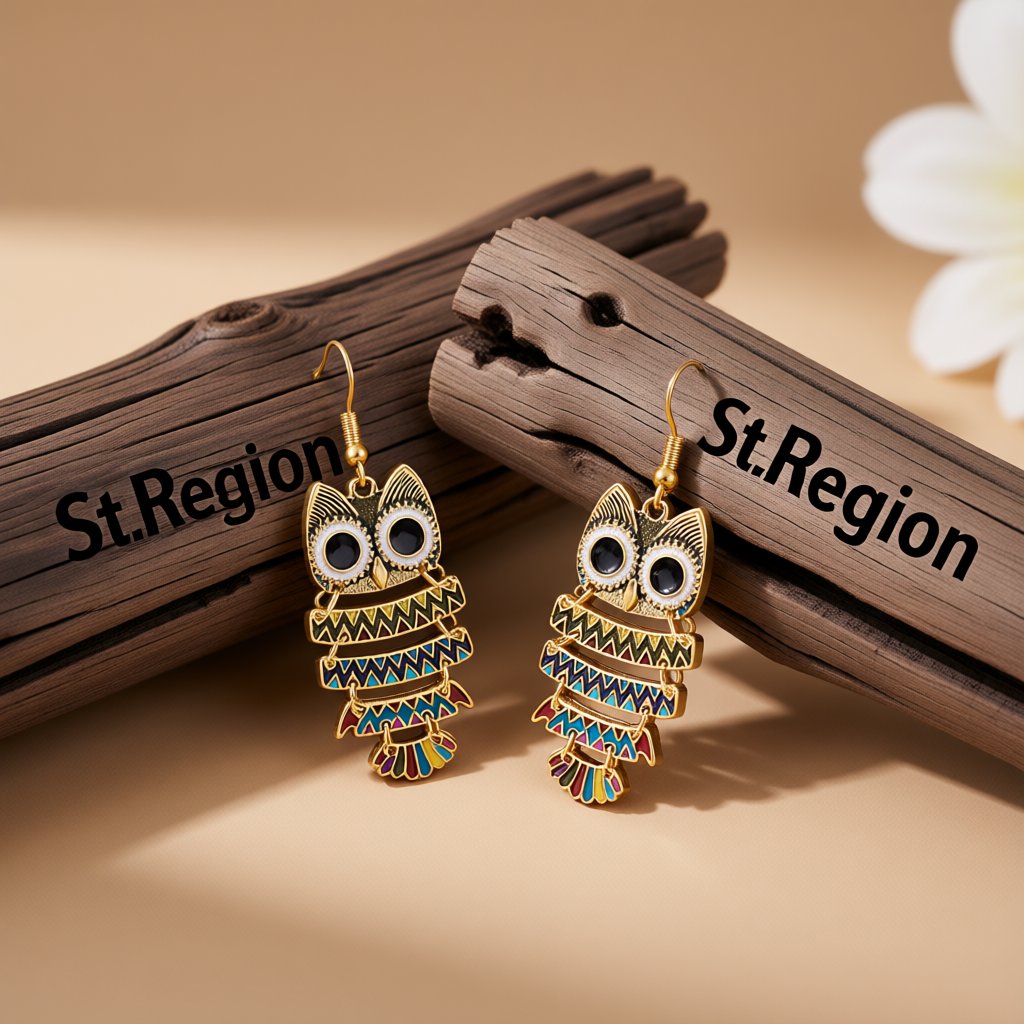 Black Enamel and 18K Gold-Plated Owl Drop Earrings, gold drop earrings for women, elegant gift for her, front view