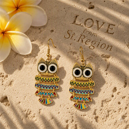 Black Enamel and 18K Gold-Plated Owl Drop Earrings, gold drop earrings for women, elegant gift for her, lifestyle look
