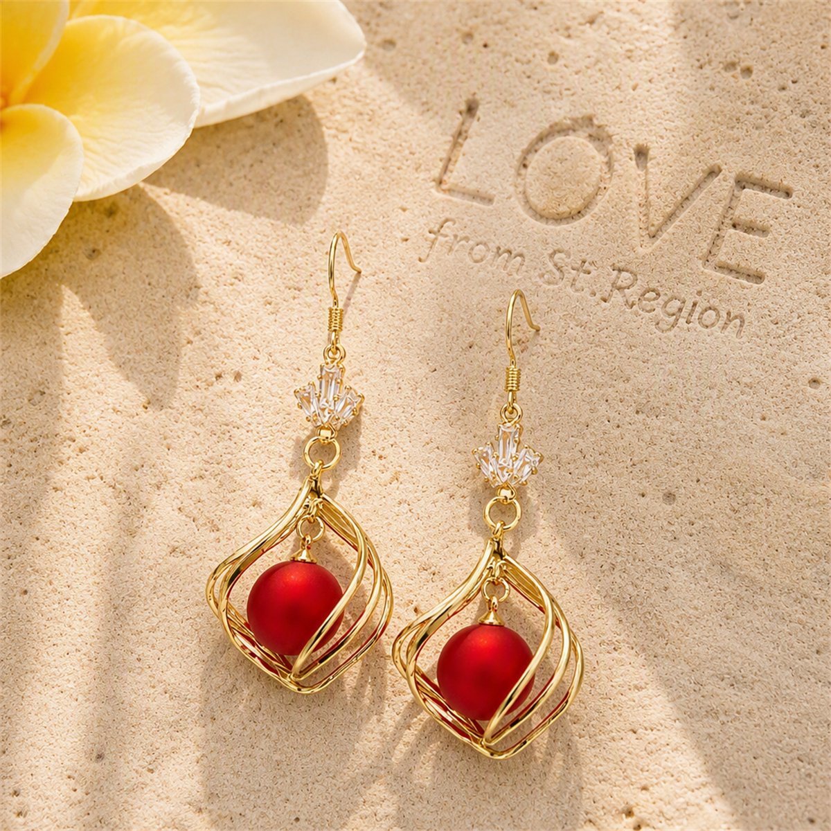Red Resin and Clear Crystal 18K Gold-Plated Swirl Drop Earrings, gold drop earrings for women, lifestyle look