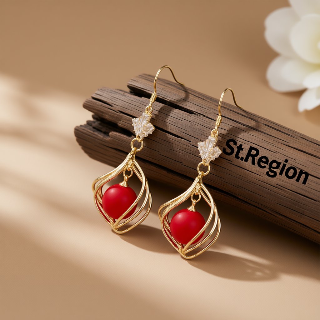 Red Resin and Clear Crystal 18K Gold-Plated Swirl Drop Earrings, gold drop earrings for women, botanical inspired, front view