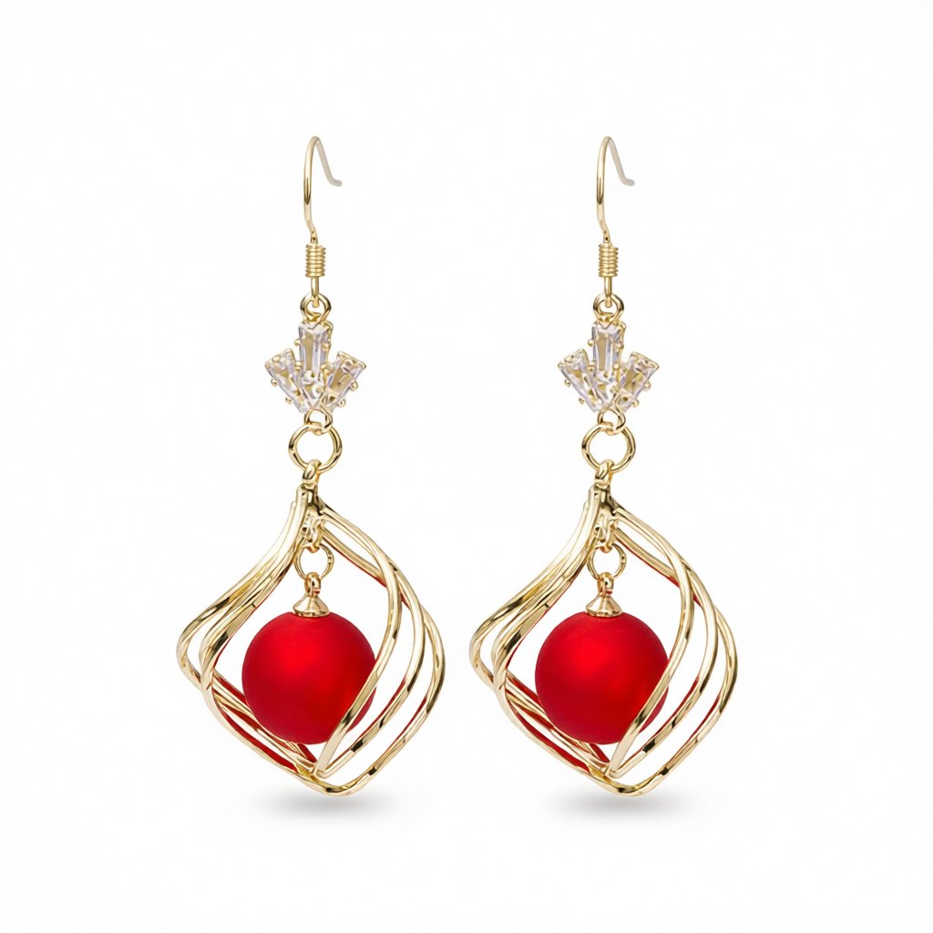 Red Resin and Clear Crystal 18K Gold-Plated Swirl Drop Earrings, gold drop earrings for women, botanical inspired, side view