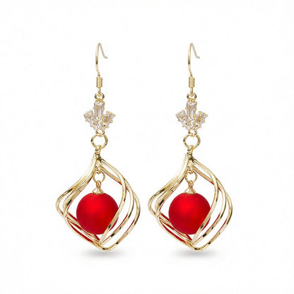 Red Resin and Clear Crystal 18K Gold-Plated Swirl Drop Earrings, gold drop earrings for women, botanical inspired, side view