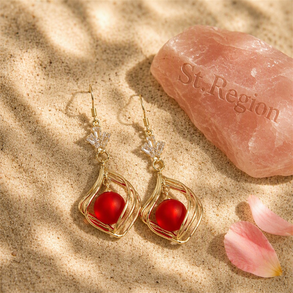 Red Resin and Clear Crystal 18K Gold-Plated Swirl Drop Earrings, gold drop earrings for women, detail close-up