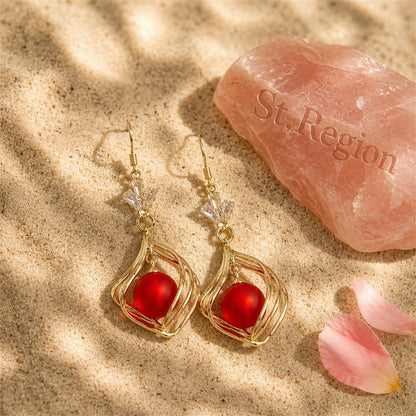 Red Resin and Clear Crystal 18K Gold-Plated Swirl Drop Earrings, gold drop earrings for women, detail close-up