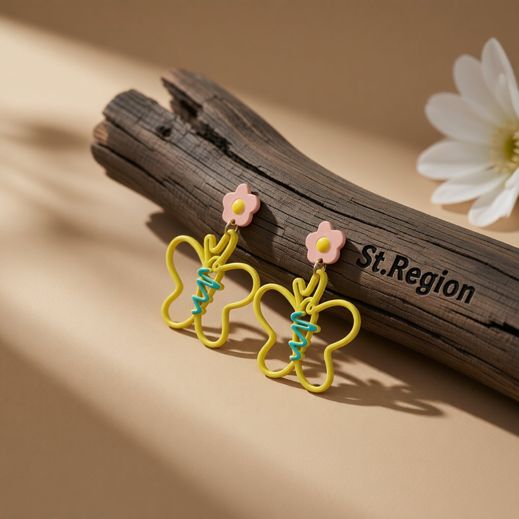 Yellow Enamel and 18K Gold-Plated Flower Butterfly Drop Earrings, gold drop earrings for women, front view