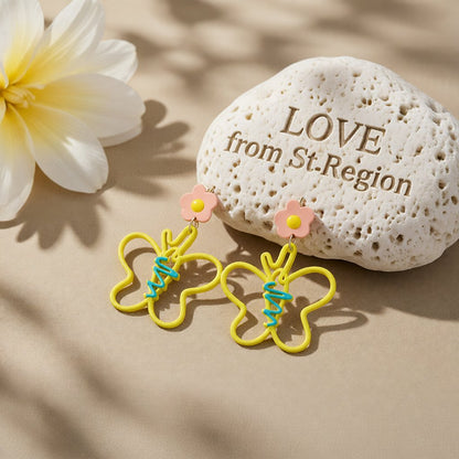 Yellow Enamel and 18K Gold-Plated Flower Butterfly Drop Earrings, gold drop earrings for women, lifestyle look