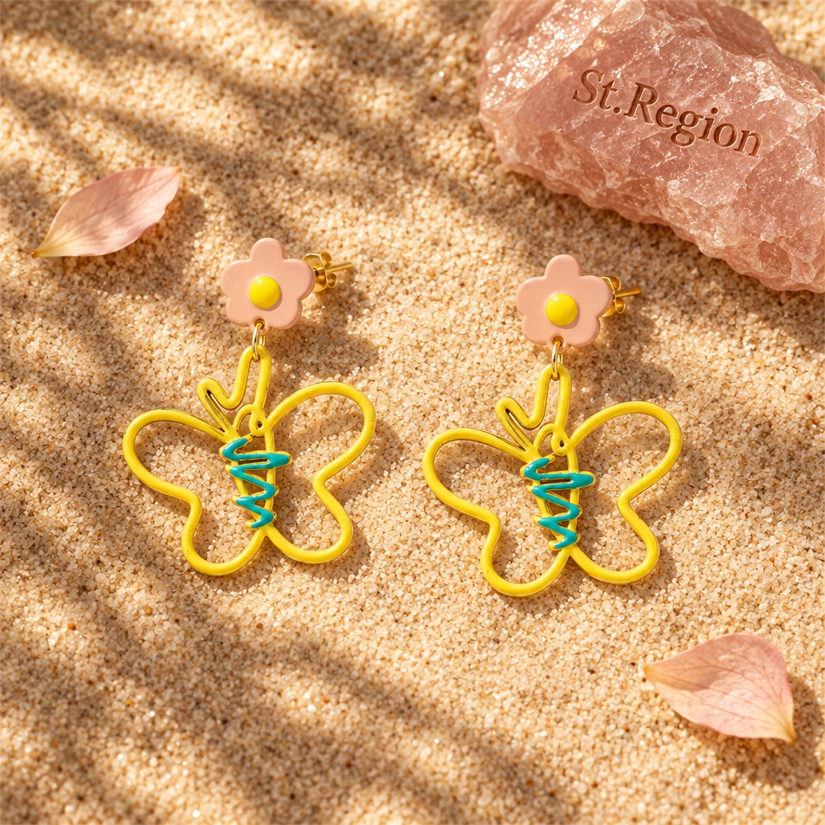 Yellow Enamel and 18K Gold-Plated Flower Butterfly Drop Earrings, gold drop earrings for women, detail close-up