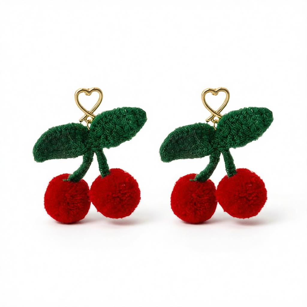 Red and Green Heart Cherry Drop Earrings, drop earrings for women, vintage-inspired design, side view
